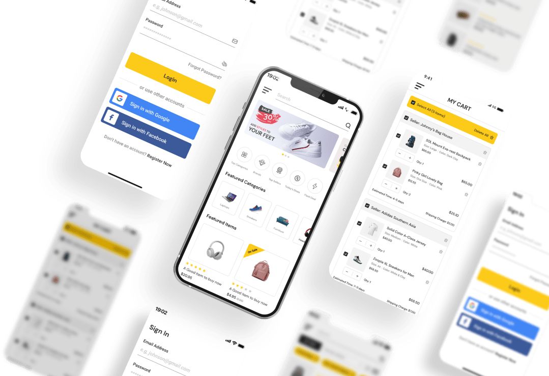 Mobile app screens — login, browse, cart